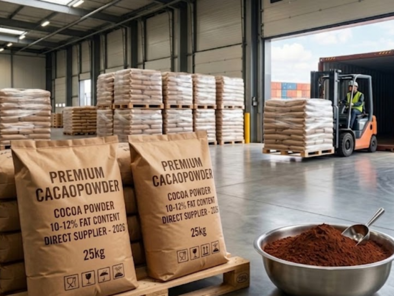 Professional commercial photography of a logistics warehouse interior. In the foreground, stacked burlap hessian sacks filled with cocoa are neatly arranged on a wooden pallet. Each sack features (3)